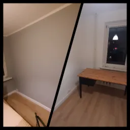 Pokój po odświeżeniu: ściana pomalowana na szaro z listwą przysufitową, drewniana podłoga, biurko z drewnianym blatem i czarnymi nogami przy białej ścianie z oknem.