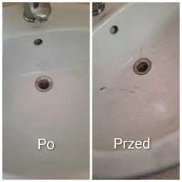 Porównanie umywalki ceramicznej przed i po czyszczeniu, widoczne zabrudzenia usunięte, armatura błyszcząca, ujęcie z góry.