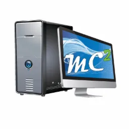 Ilustracja komputera stacjonarnego obok monitora z logo MC2 na ekranie, na białym tle.