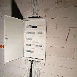 Otwarta szafka elektryczna z bezpiecznikami na ścianie z betonu komórkowego, widoczne liczne przewody w peszlach i korytkach, w tle cień gwoździa wbitego w ścianę.