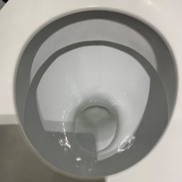 Perfect-Anna Łojeczko - Wnętrze białej, ceramicznej muszli klozetowej wypełnionej czystą wodą, widok z góry.