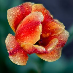 DKL4U - Makro zbliżenie na rozkwitający tulipan w odcieniach czerwieni i żółci, pokryty kroplami wody, na rozmytym zielonym tle.
