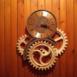 Dekoracyjny zegar z drewnianymi trybikami zawieszony na ścianie z boazerii, oświetlony ciepłym światłem.