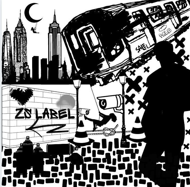Czarno-biała ilustracja przedstawiająca miejski krajobraz z graffiti, sylwetką osoby i elementami infrastruktury miejskiej, takimi jak kamery, latarnie i pociąg metra.
