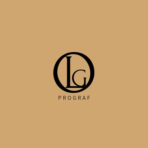 Minimalistyczne logo firmy PROGRAF w czarnym okręgu na beżowym tle, z literami 'LG' wewnątrz okręgu.