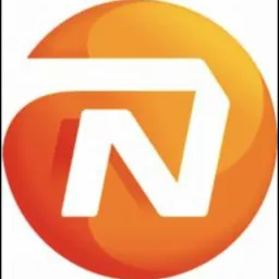 Pomarańczowe logo z białą literą N wewnątrz okręgu.