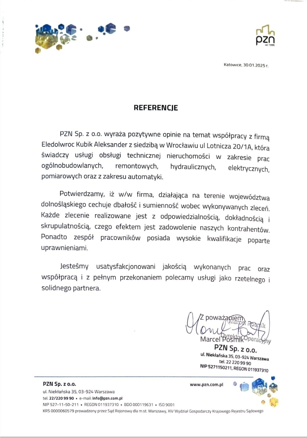 Skan dokumentu referencyjnego od PZN Sp. z o.o. z Katowic, potwierdzającego współpracę z firmą Eledolwroc Kubik Aleksander w zakresie prac ogólnobudowlanych, remontowych, hydraulicznych...
