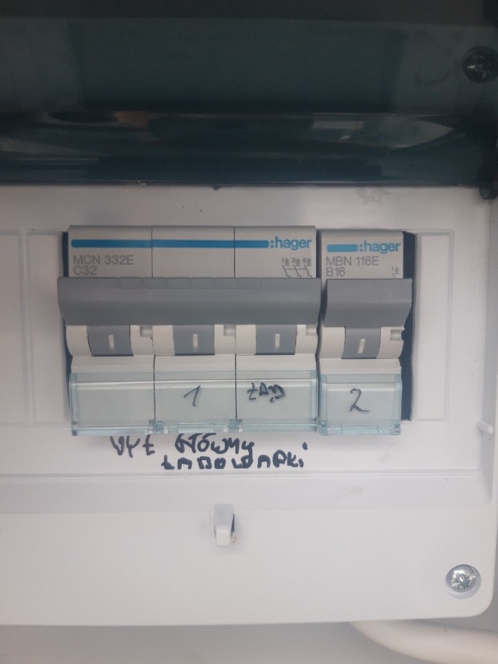 Tablica rozdzielcza z bezpiecznikami Hager, opisana odręcznie markerem, widoczne oznaczenia '1 ZAD', '2' oraz 'UPE GŁÓWNY ŁADOWARKI'.