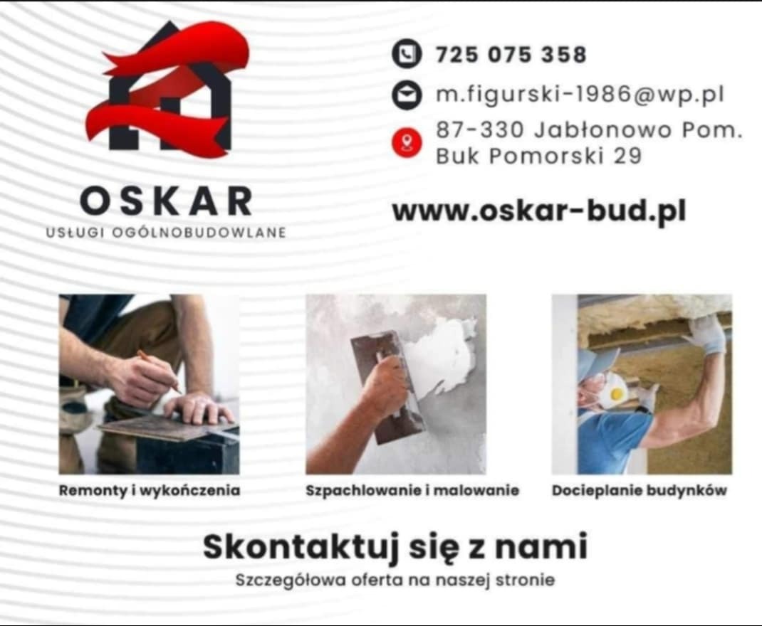 Folder reklamowy firmy Oskar Usługi Ogólnobudowlane, prezentujący logo z czerwoną wstęgą wokół domu, dane kontaktowe, adres strony internetowej oraz miniaturki zdjęć z zakresu remontów...
