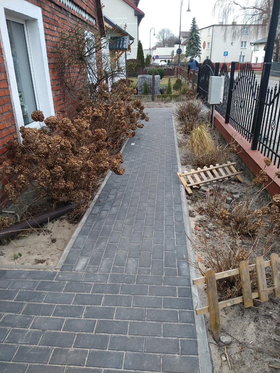 Szara kostka brukowa ułożona jako ścieżka prowadząca wzdłuż domu z cegły i ogrodzenia, z uschniętymi hortensjami po bokach i elementami drewnianej palisady.