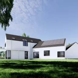 Wizualizacja nowoczesnego, białego domu jednorodzinnego z panelami słonecznymi na dachu, otoczonego zielonym trawnikiem i drzewami, Warszawa.
