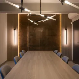 Nowoczesna sala konferencyjna z dużym drewnianym stołem, szarymi krzesłami, designerską lampą sufitową i podświetlaną ścianą z płytek w odcieniach brązu.