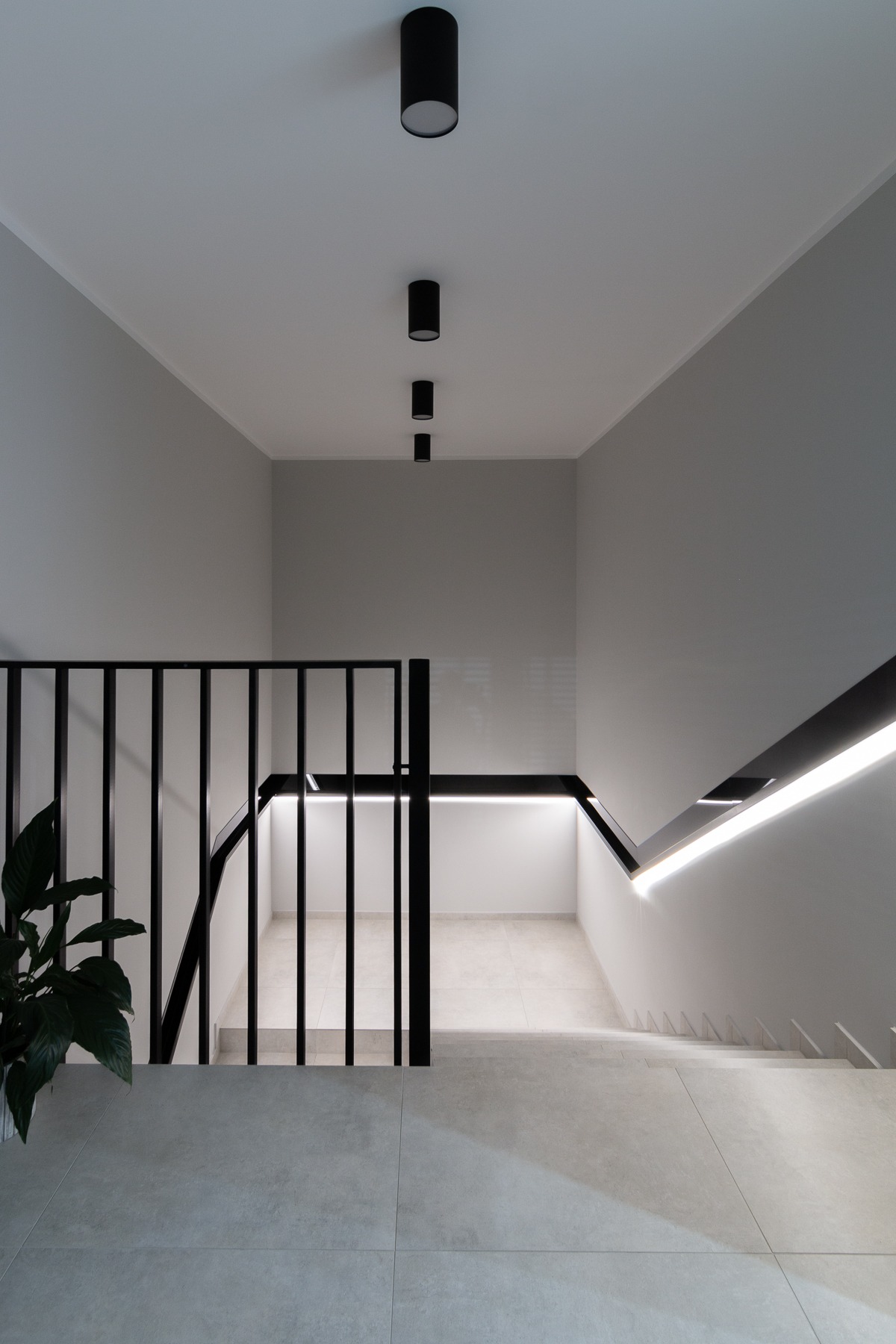 Nowoczesne schody w jasnej klatce schodowej z czarną balustradą i oświetleniem LED wzdłuż ściany. Widoczne cztery czarne lampy sufitowe. W rogu doniczka z zieloną rośliną.