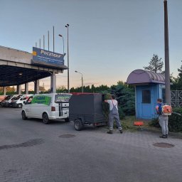 PRAMIX Mariusz Połeć - Pracownicy firmy ogrodniczej PRAMIX zbierają skoszoną trawę do przyczepki za samochodem firmowym na tle przystanku Pocztex.