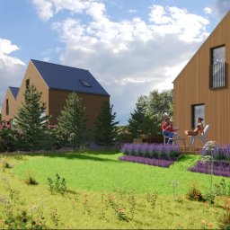OGRODOWSKA Katarzyna Prokopiuk - Wizualizacja dwóch nowoczesnych domów szkieletowych z drewnianą elewacją, otoczonych ogrodem z kwitnącymi lawendami i różami, na tarasie siedzą dwie kobiety.