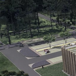 OGRODOWSKA Katarzyna Prokopiuk - Wizualizacja z lotu ptaka: budynek z zielonym dachem, parking z ażurowymi płytami, rabaty z lawendy, drzewa liściaste i iglaste w tle.