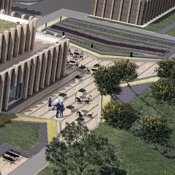OGRODOWSKA Katarzyna Prokopiuk - Wizualizacja projektu budynku usługowego z zielonym dachem, patio z stolikami i krzesłami, oraz otaczającym terenem zielonym z drzewami i ścieżkami.