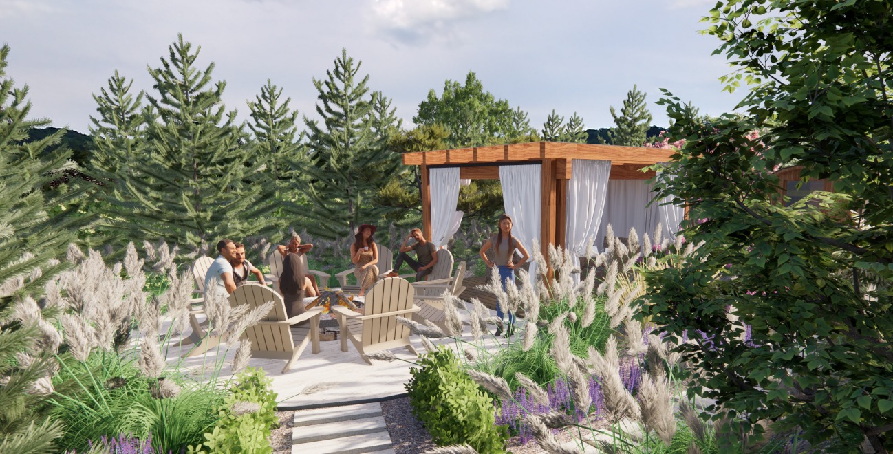 Wizualizacja ogrodu z drewnianą pergolą z białymi zasłonami, paleniskiem i grupą osób siedzących na drewnianych krzesłach Adirondack, otoczona roślinnością ozdobną, w tle wysokie drzewa iglaste.