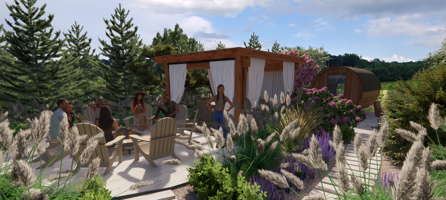 Wizualizacja ogrodu z drewnianą altaną z białymi zasłonami, miejscem do siedzenia z krzesłami wokół paleniska i drewnianą sauną beczką, otoczona różnorodną roślinnością, w tym trawami ozdobnymi...