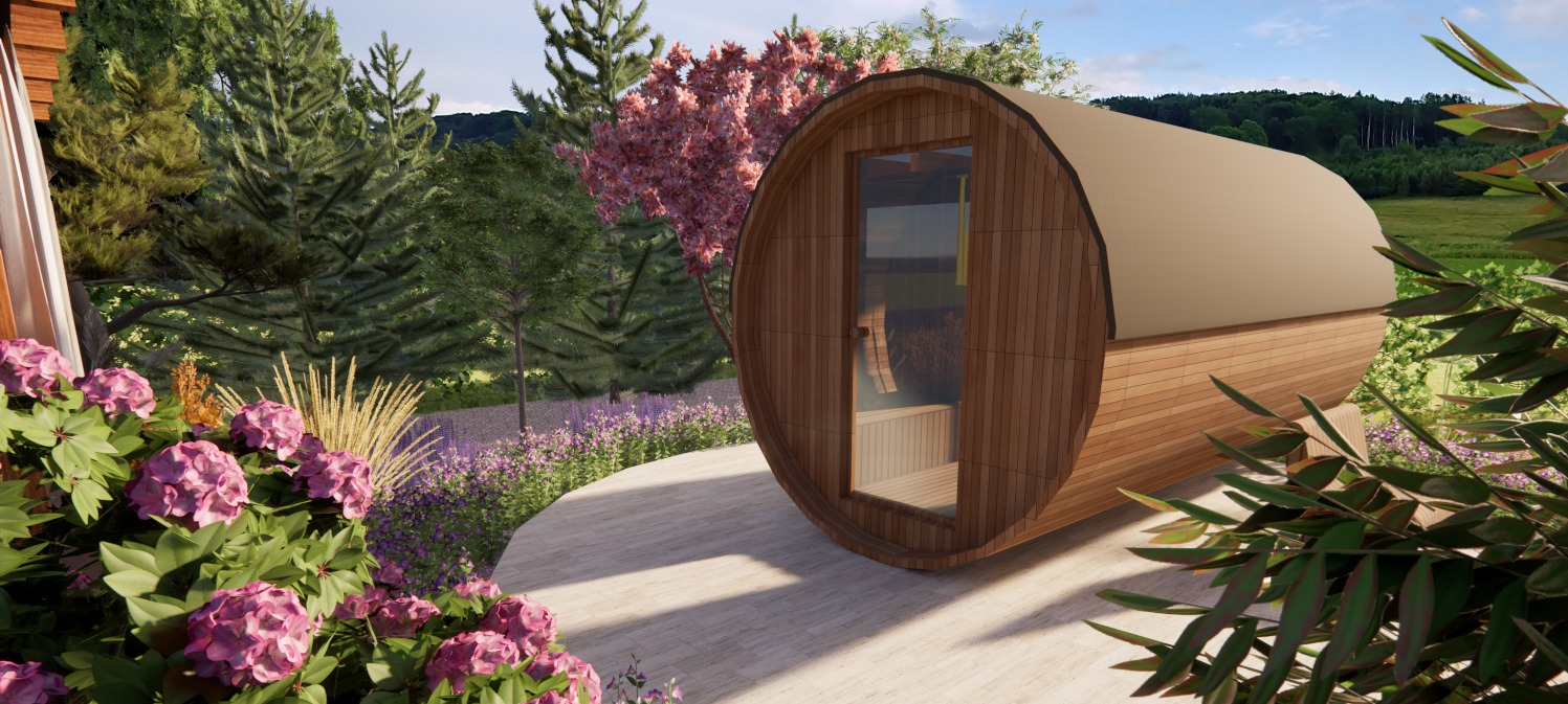 Wizualizacja drewnianej sauny beczki z przeszklonymi drzwiami na tarasie, otoczonej zielenią, z widokiem na wzgórza w tle.
