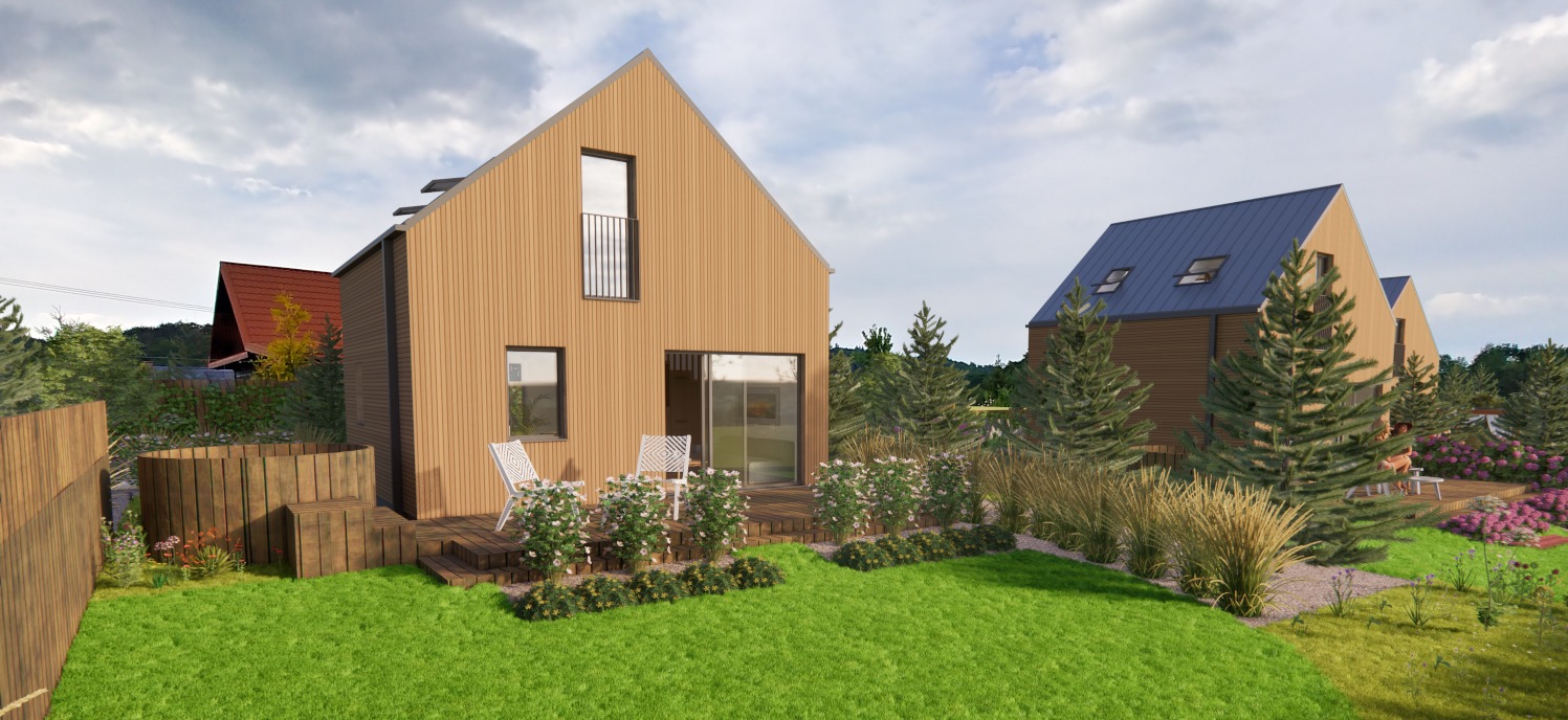 Wizualizacja dwóch nowoczesnych domów szkieletowych z drewnianą elewacją, otoczonych zadbanym ogrodem z drewnianą balią, tarasem i dekoracyjnymi nasadzeniami.