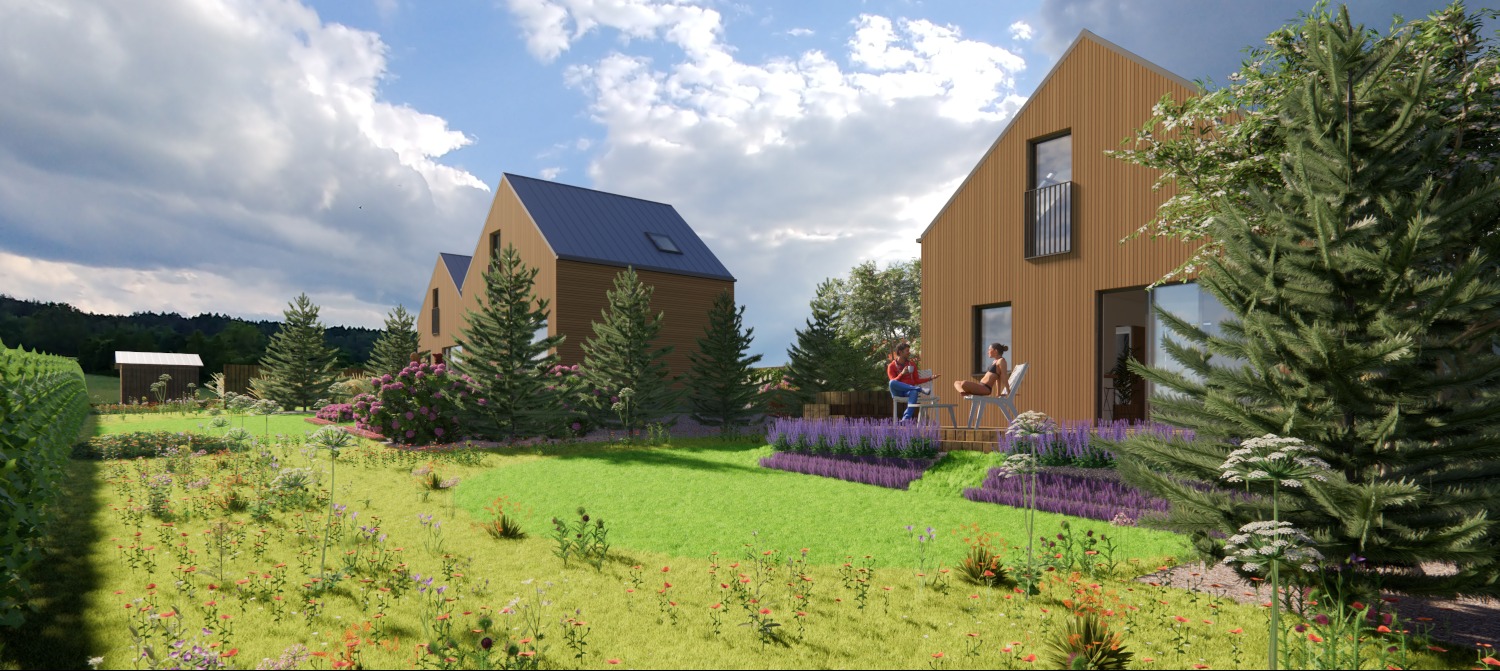 Wizualizacja dwóch nowoczesnych domów szkieletowych z drewnianą elewacją, otoczonych ogrodem z kwitnącymi lawendami i różami, na tarasie siedzą dwie kobiety.