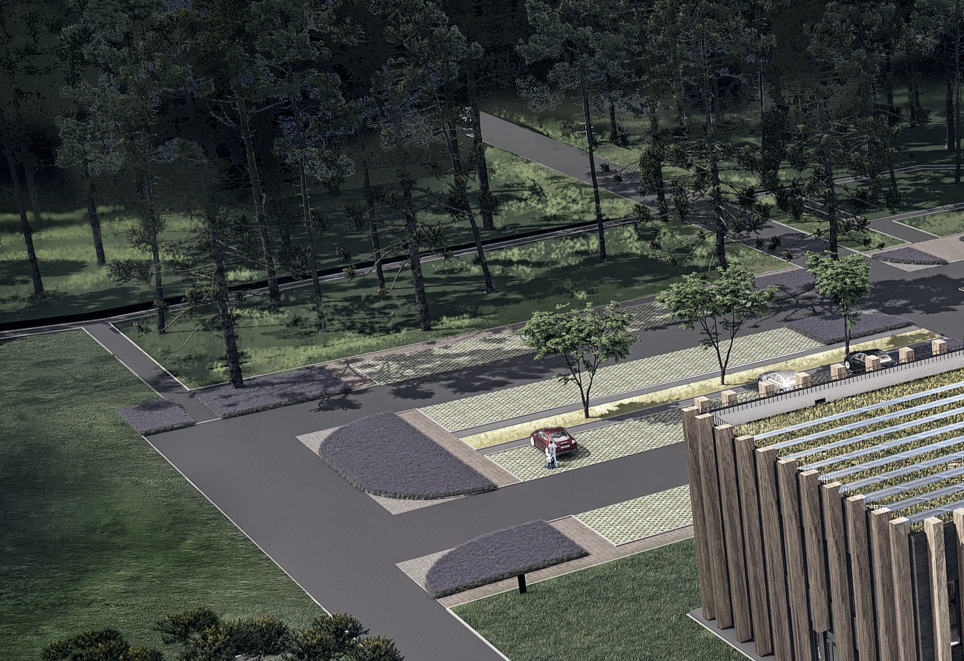 Wizualizacja z lotu ptaka: budynek z zielonym dachem, parking z ażurowymi płytami, rabaty z lawendy, drzewa liściaste i iglaste w tle.