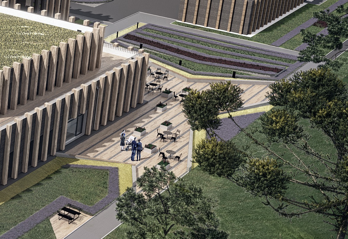 Wizualizacja projektu budynku usługowego z zielonym dachem, patio z stolikami i krzesłami, oraz otaczającym terenem zielonym z drzewami i ścieżkami.