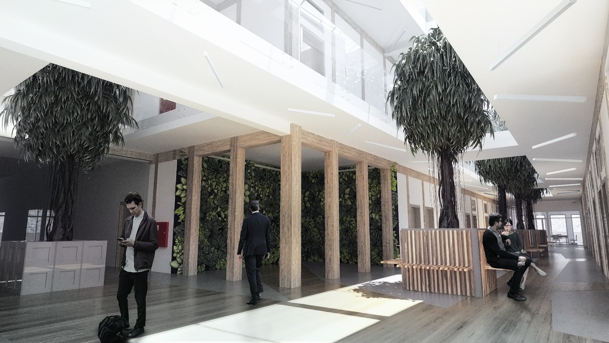 Wizualizacja wnętrza budynku usługowego z drzewami w donicach, ścianą z roślin, drewnianymi kolumnami i osobami.