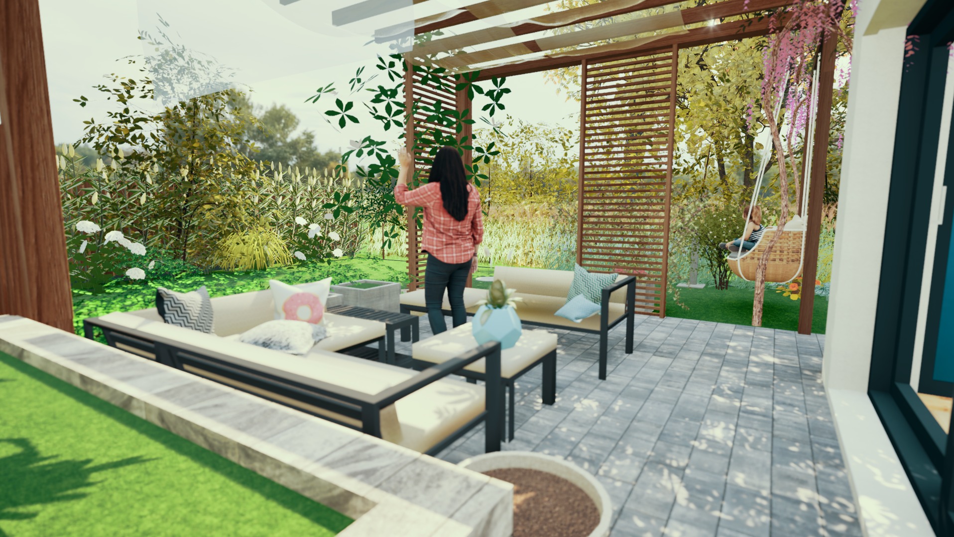 Wizualizacja tarasu z pergolą, meblami ogrodowymi i huśtawką wiszącą, z zielenią w tle, z kobietą pielęgnującą pnącze na drewnianej konstrukcji.