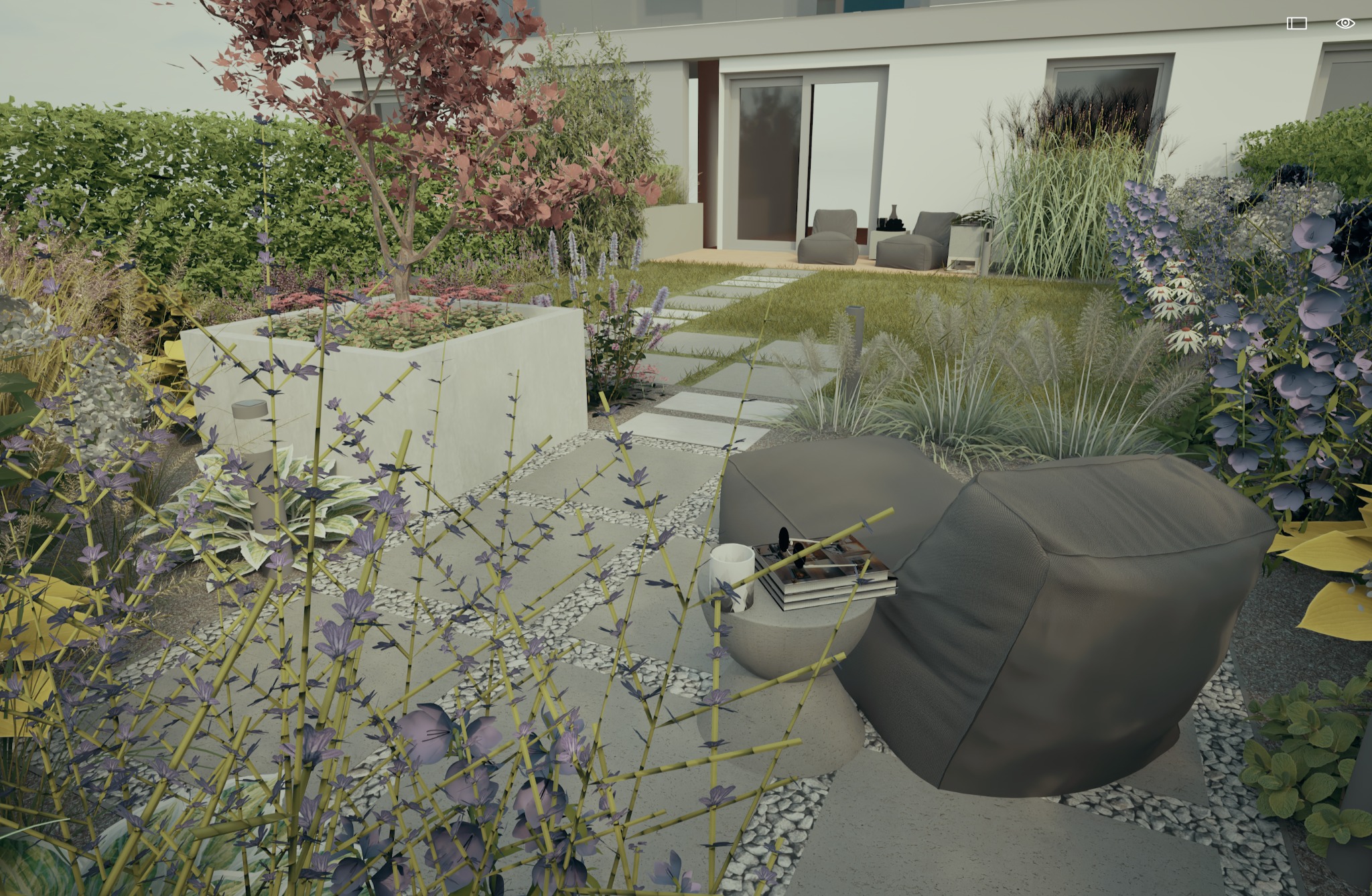 Wizualizacja ogrodu z nowoczesnym domem w tle, ukazująca ścieżkę z płyt betonowych, rabaty kwiatowe z fioletowymi kwiatami, szary puf i mały stolik z książkami i kubkiem, oraz zielony trawnik...