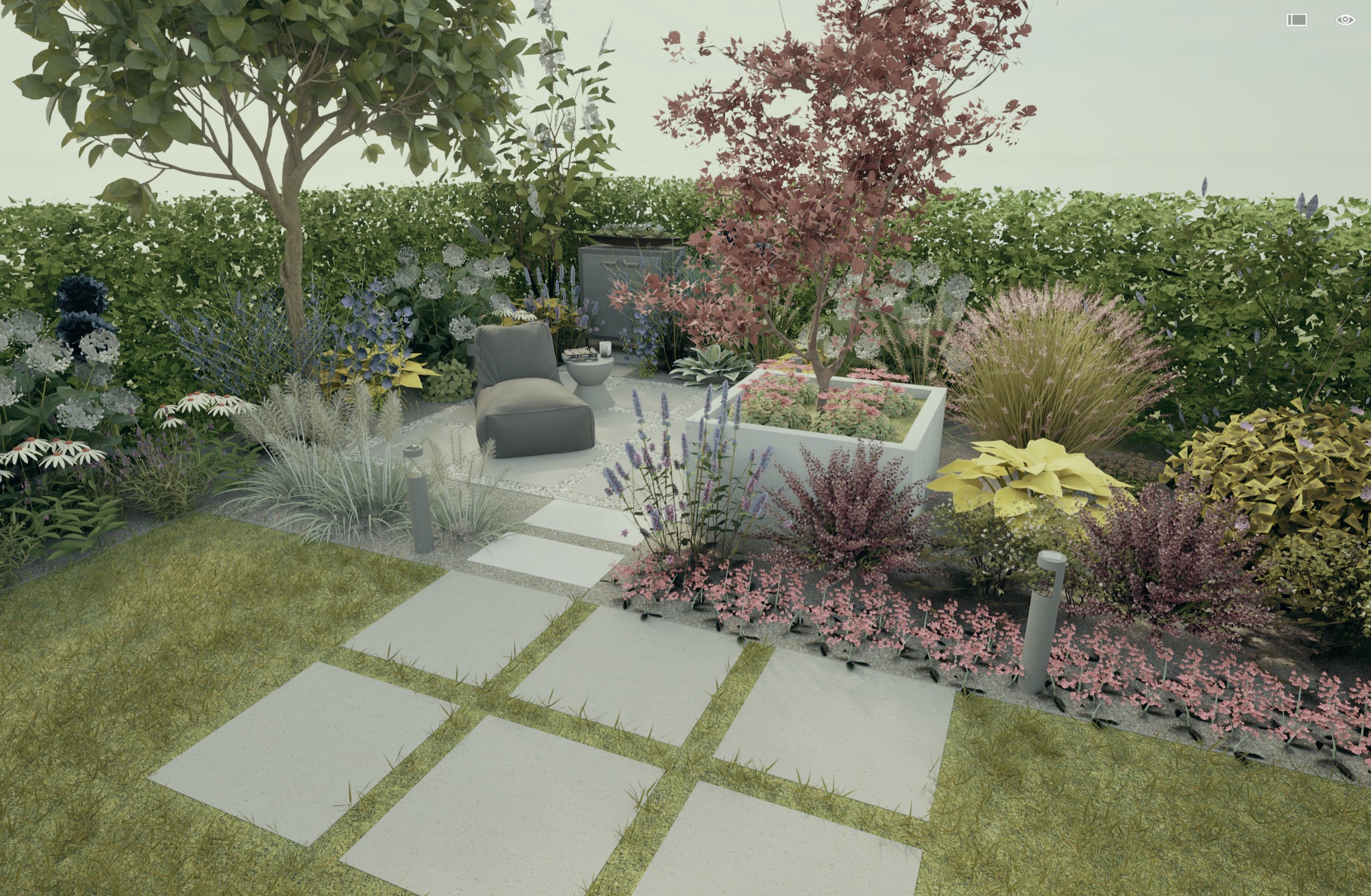 Wizualizacja ogrodu z trawnikiem, ścieżką z płyt, roślinami ozdobnymi, drzewami i miejscem do wypoczynku z fotelem.