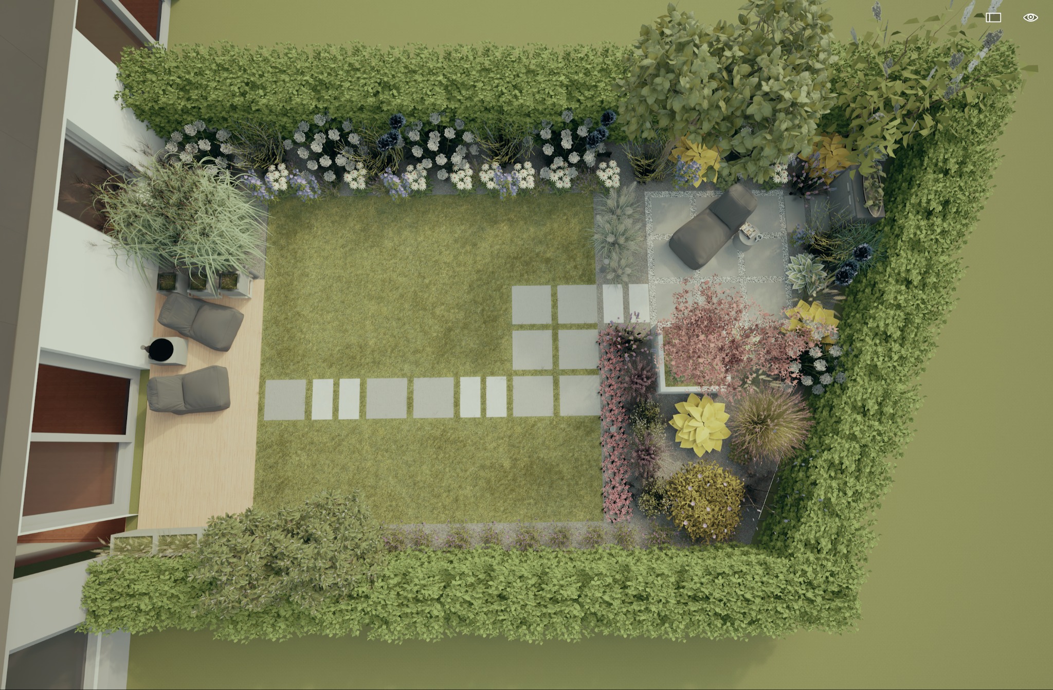 Widok z góry na wizualizację ogrodu z trawnikiem, ścieżką z płyt, żywopłotem, rabatami kwiatowymi i strefą relaksu z meblami ogrodowymi.