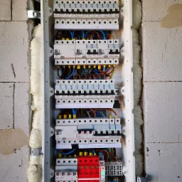 Rozdzielnica elektryczna zamontowana w surowej ścianie z betonu komórkowego, zabezpieczona pianką montażową, widoczne liczne bezpieczniki, przewody i listwy zaciskowe.