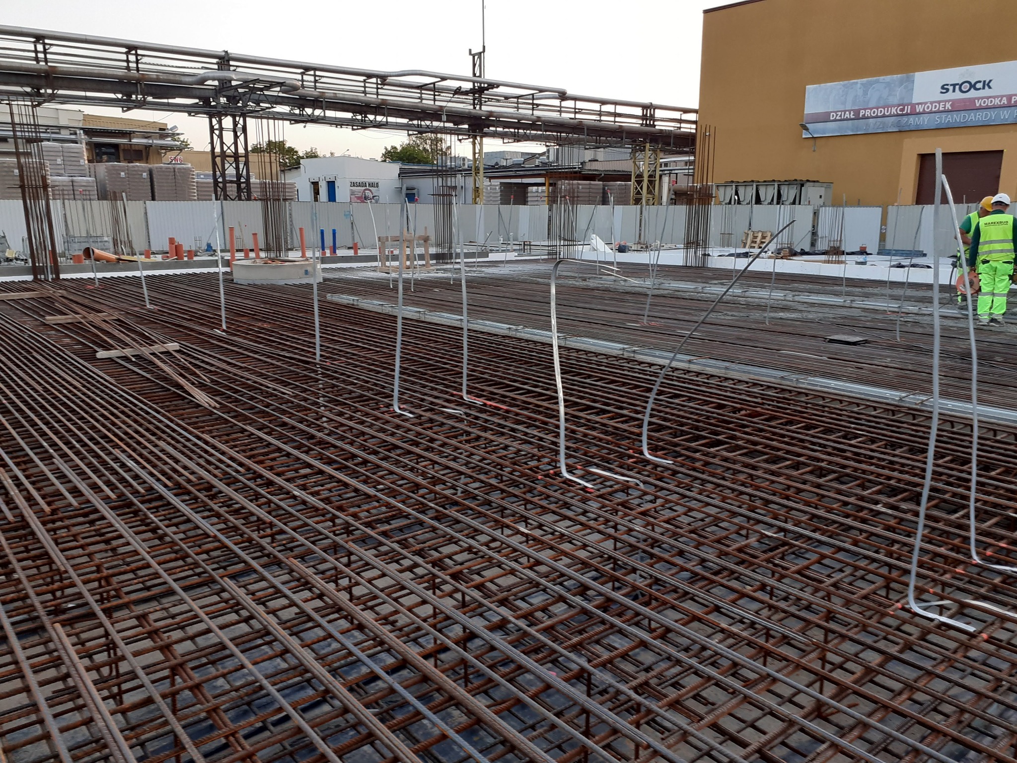 Zbrojenie fundamentów pod budynek przemysłowy, widok z góry na stalową siatkę. W tle pracownicy w odblaskowych ubraniach i elementy infrastruktury przemysłowej.