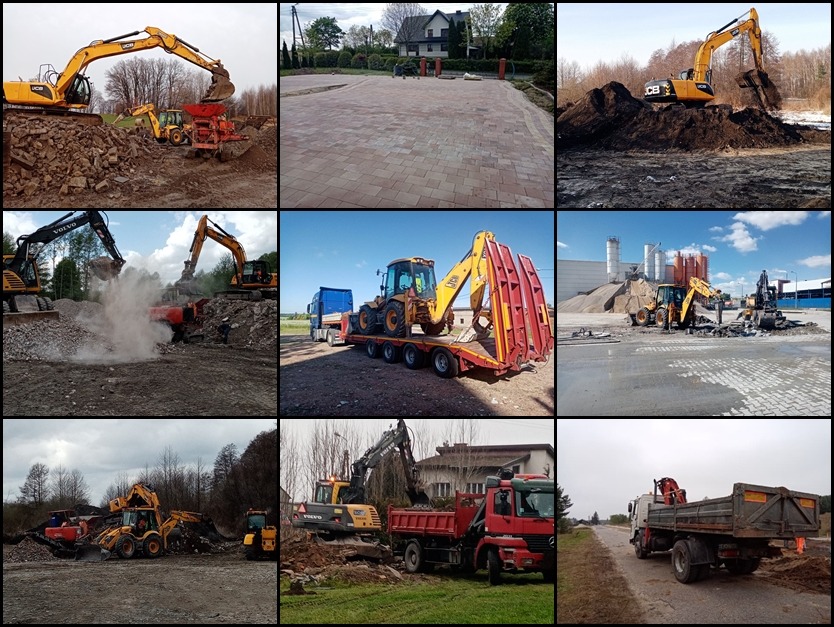 Zestawienie zdjęć przedstawiających maszyny budowlane: koparki, ładowarki, kruszarki, ciężarówki, w różnych sceneriach i etapach prac ziemnych, od transportu maszyn po prace rozbiórkowe...