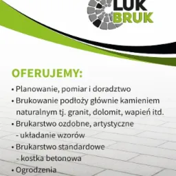 Ulotka reklamowa firmy brukarskiej z logo Luk Bruk, oferującej planowanie, brukowanie kamieniem naturalnym, brukarstwo ozdobne i standardowe, ogrodzenia oraz obrzeża dla kosiarki.