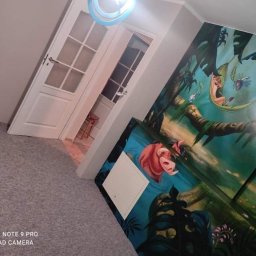 Sam-Bud - Pokój dziecięcy z motywem Króla Lwa na ścianie, widoczny fragment białych drzwi z przeszkleniami, szara wykładzina podłogowa i okrągła lampa sufitowa.