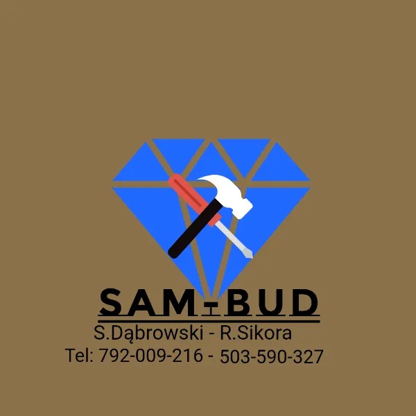 Logo firmy SAM-BUD: niebieski diament z młotkiem i śrubokrętem, nazwa firmy, imiona i nazwiska S.Dąbrowski - R.Sikora oraz numery telefonów.