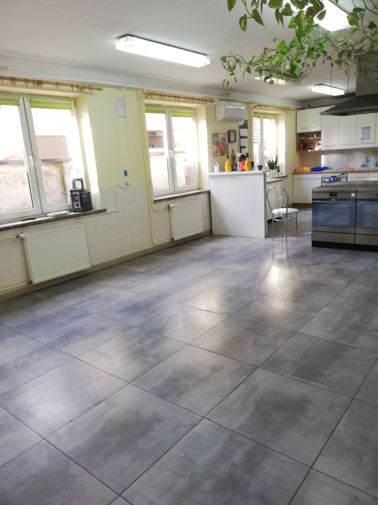 Szare, matowe płytki podłogowe w dużej kuchni z białymi meblami i roślinami doniczkowymi zwisającymi z sufitu.