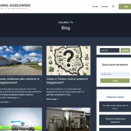Zrzut ekranu strony internetowej bloga Kamila Kozłowskiego o biogazowniach, prezentujący wpisy na temat osadów ściekowych i lokalizacji biogazowni w Polsce.