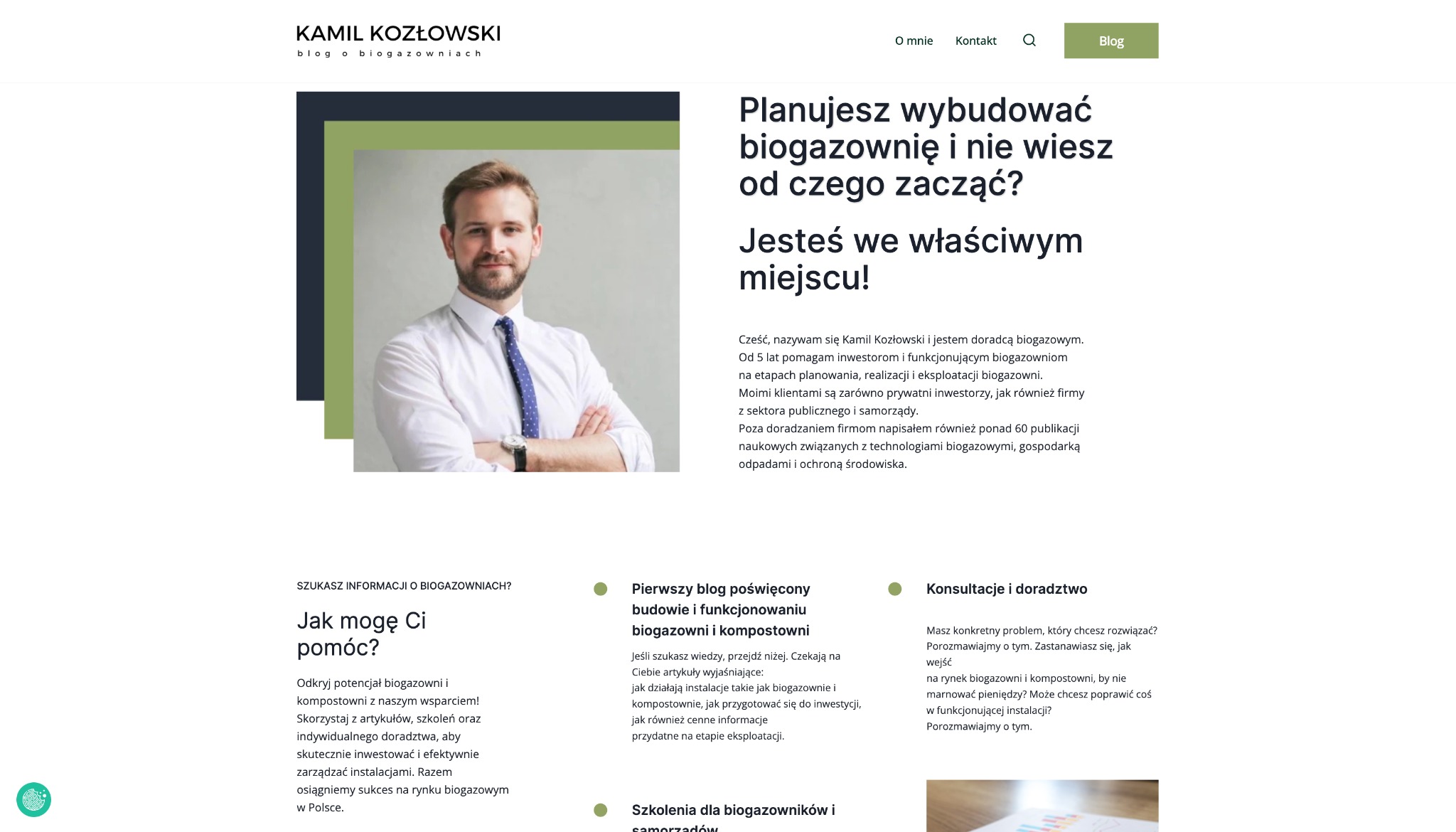 Strona internetowa z wizerunkiem Kamila Kozłowskiego, doradcy w branży biogazowni, prezentująca jego blog i ofertę konsultacji.