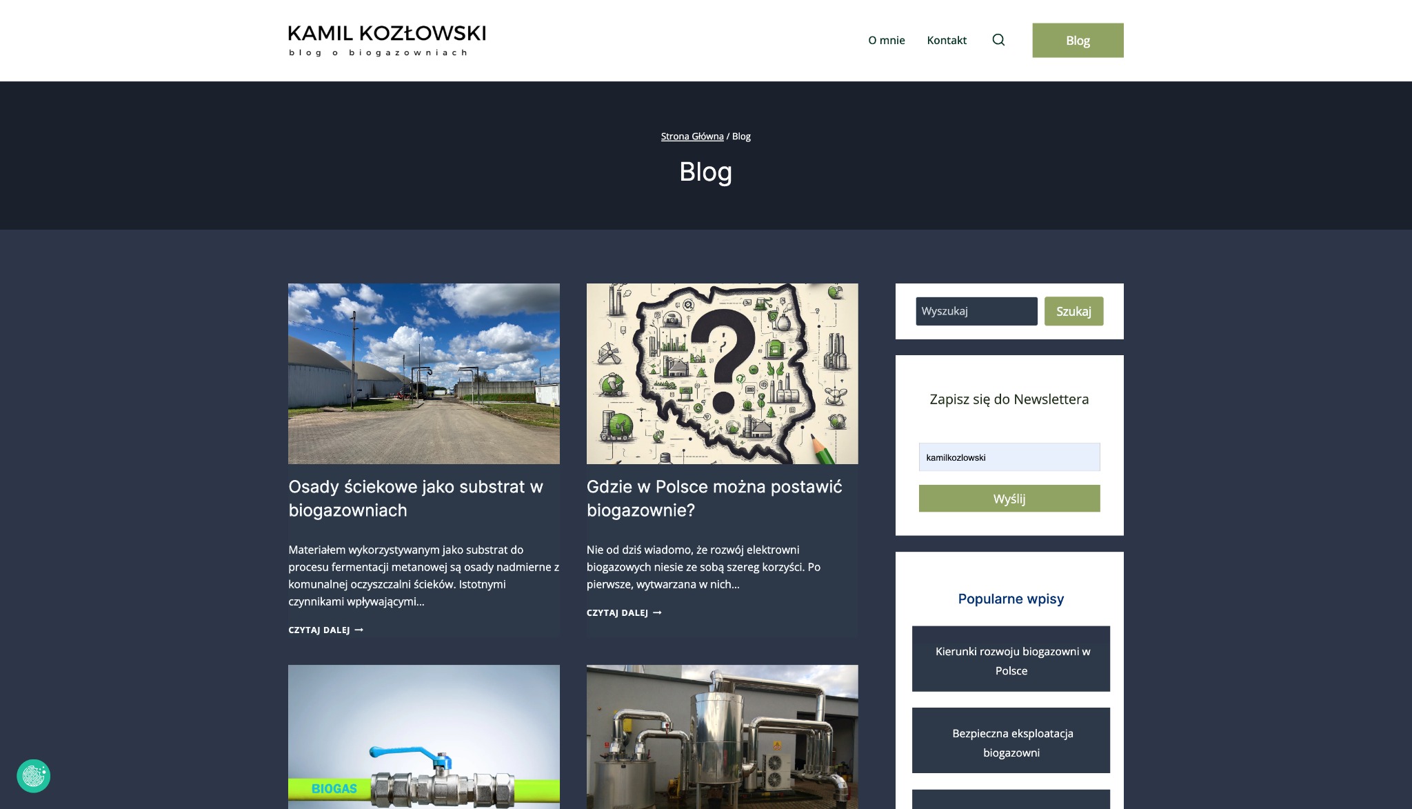 Zrzut ekranu strony internetowej bloga Kamila Kozłowskiego o biogazowniach, prezentujący wpisy na temat osadów ściekowych i lokalizacji biogazowni w Polsce.