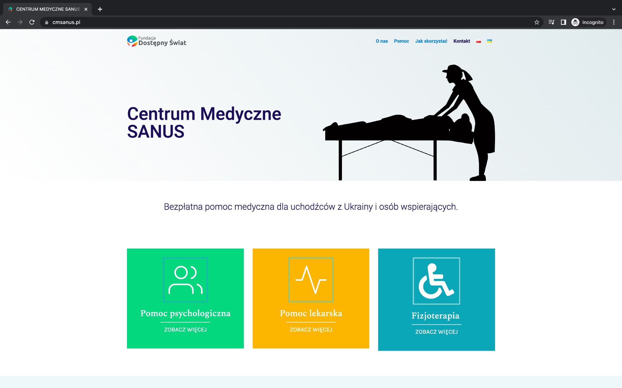 Strona internetowa fundacji cmsanus.pl z informacjami o bezpłatnej pomocy medycznej dla uchodźców z Ukrainy, zawierająca sekcje poświęcone pomocy psychologicznej, lekarskiej i fizjoterapii.