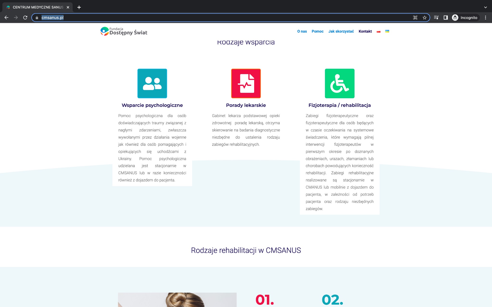 Strona internetowa CMSANUS.pl prezentująca rodzaje wsparcia: psychologiczne, porady lekarskie i fizjoterapię/rehabilitację, z ikonami i krótkimi opisami usług.