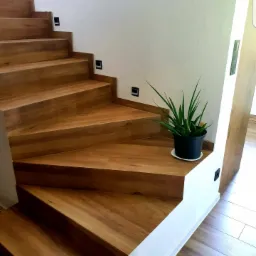 Drewniane schody wyłożone płytkami imitującymi drewno, z podświetleniem punktowym w ścianie, z rośliną doniczkową na dolnym stopniu.