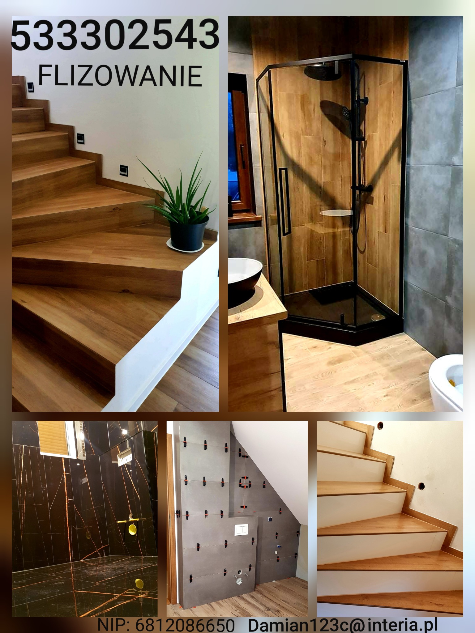 Kolaż przedstawiający flizowane schody z drewnopodobną okładziną, kabinę prysznicową z czarnymi profilami i płytkami imitującymi drewno, oraz łazienkę z czarnymi płytkami z wyraźnym złotym...