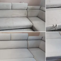 Czteropanelowe zdjęcie narożnika z jasną tapicerką: górny panel ukazuje narożnik przed czyszczeniem z widocznymi plamami i zabrudzeniami, dolny panel prezentuje ten sam narożnik po czyszczeniu,...