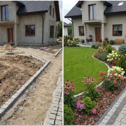 Green & Clean - Zdjęcie 'przed i po' przedstawia metamorfozę ogrodu: od ziemi i piasku do zielonego trawnika, kolorowych kwiatów i ścieżki z kostki brukowej. Widoczny dom w tle.
