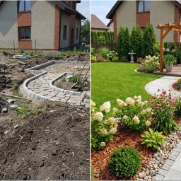 Green & Clean - Zdjęcie 'przed i po' ukazujące budowę krętej ścieżki z kamienia w ogrodzie. Po lewej etap prac ziemnych, po prawej gotowa ścieżka z roślinami i elementami dekoracyjnymi.